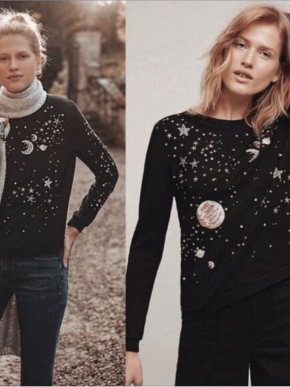 NEW Anthropologie Cosmic Galaxy Black Beaded Moon Space Star Sweatshirt Top - Picture 3 of 9